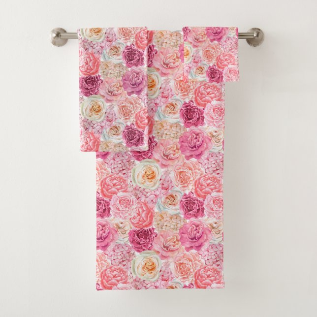Pink White Magenta Floral Blume Elegantes Ambiente Badhandtuch Set (Insitu)