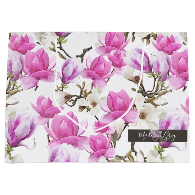 Pink & White Magnolia Blossom Wasserfarbenes Muste Große Geschenktüte (Vorderseite)