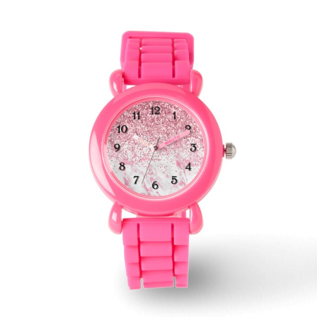 Pink White Marble Glitzy Glitzer Sparkline Armbanduhr (Vorderseite)