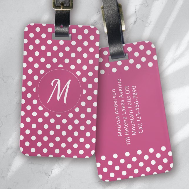 Pink White Monogram Polka Dots Gepäckanhänger (Von Creator hochgeladen)