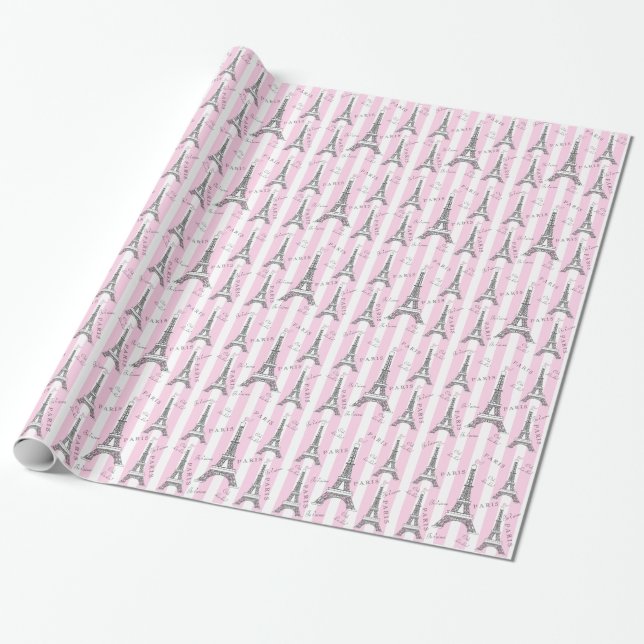 Pink | White Paris Eiffel Tower Geschenkpapier (Ungerollt)