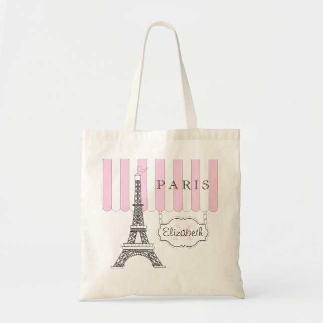Pink | White Paris Eiffel Tower Monogram Name Tasc Tragetasche (Vorne)