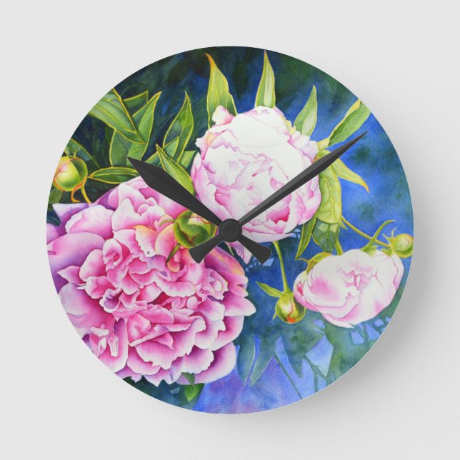Pink white peony painting | romantic floral runde wanduhr (Vorderseite)