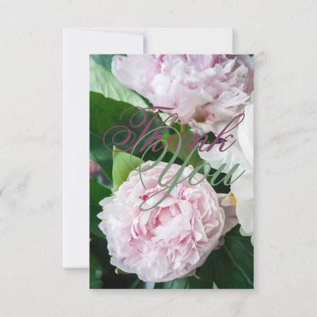 Pink White Peony Vollblutgrün Hochzeit Dankeskarte (Vorderseite)