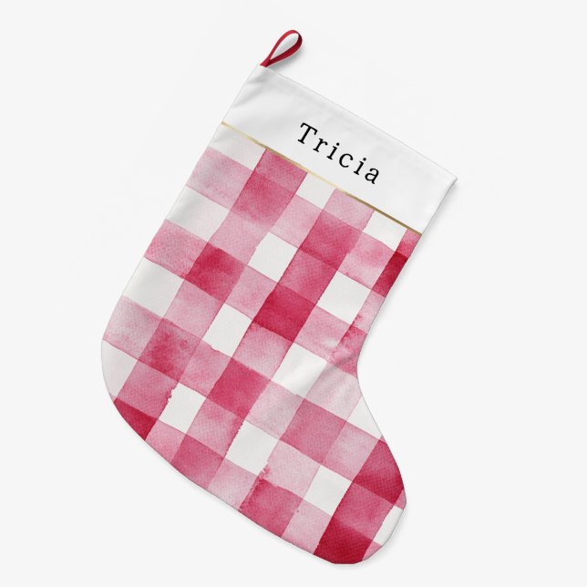 Pink White Plaid Stripes Christmas Großer Weihnachtsstrumpf (Vorderansicht (hängend))