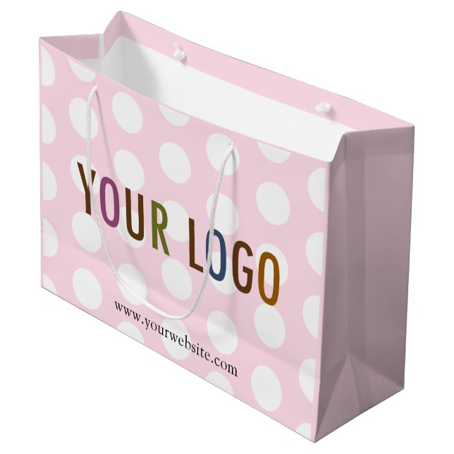 Pink & White Polka Dot Geschenktasche mit Firmenlo Große Geschenktüte (Vorderseite Schrägansicht)
