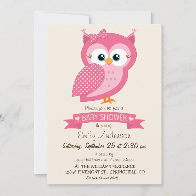 Pink & White Polka Dot Owl Babydusche Einladung (Vorderseite)
