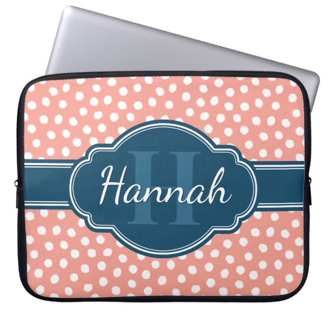 Pink White Polka Dot Pattern Marine Monogram Laptopschutzhülle (Vorderseite)
