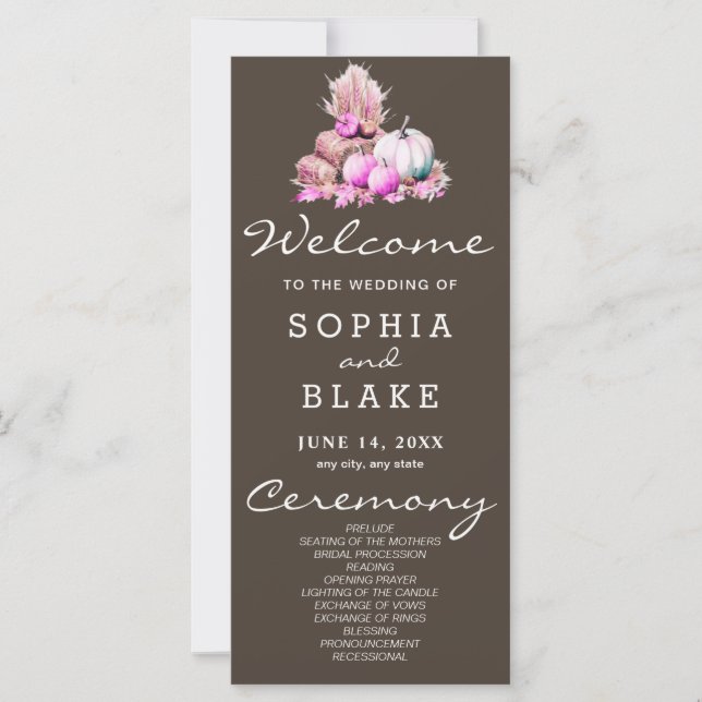 Pink & White Pumpkins Fall Brown Wedding Program (Vorderseite)