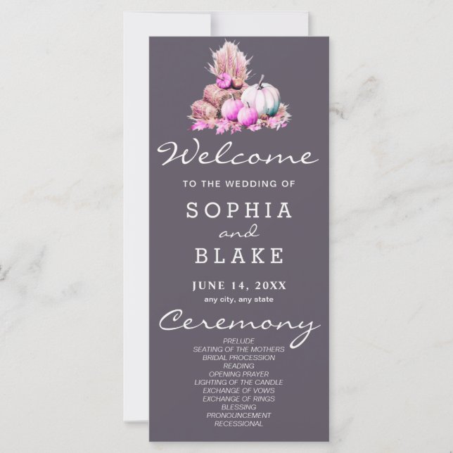 Pink & White Pumpkins Fall Gray Wedding Program (Vorderseite)