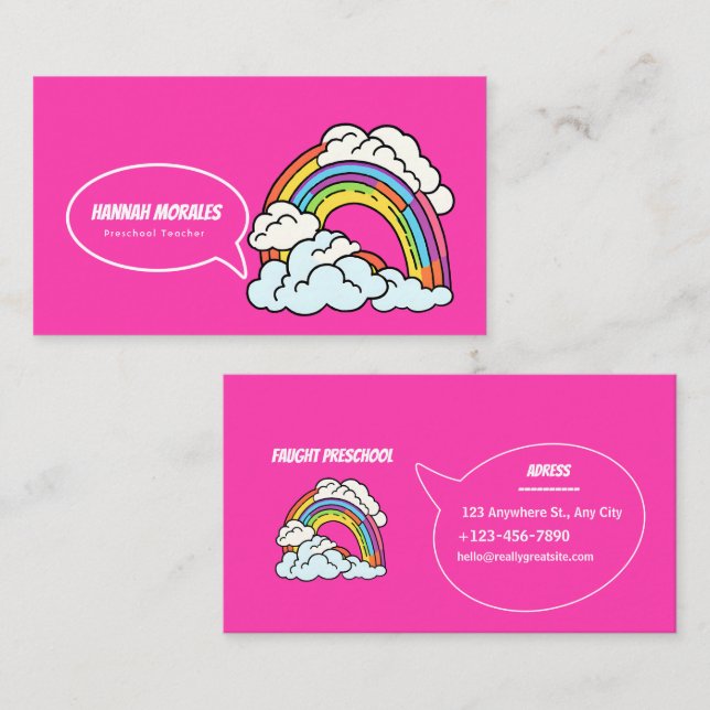 Pink White Rainbow Illustrative Preschool-Lehrer Visitenkarte (Vorne/Hinten)