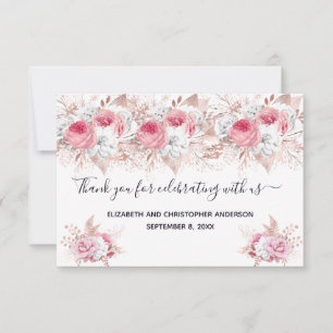Pink White Rose Gold Blumenkalligrafie Hochzeit Dankeskarte
