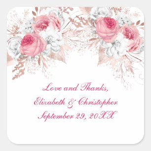 Pink White Rose Gold Floral Trendy Wedding Quadratischer Aufkleber