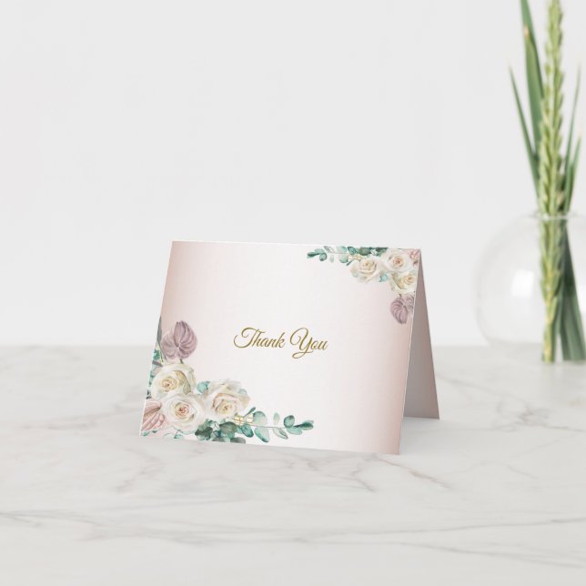 Pink White Rose Watercolor Greenery Wedding Dankeskarte (Vorderseite)