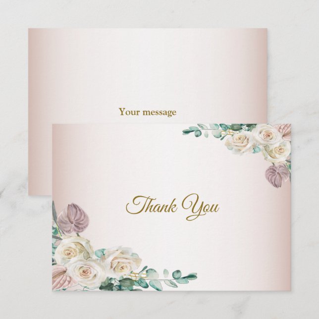 Pink White Rose Watercolor Greenery Wedding Dankeskarte (Vorne/Hinten)