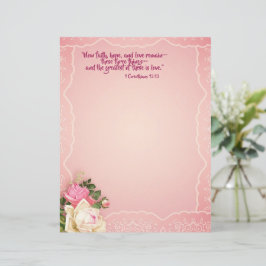 Pink White Roses Lace Border Stationery Scripte