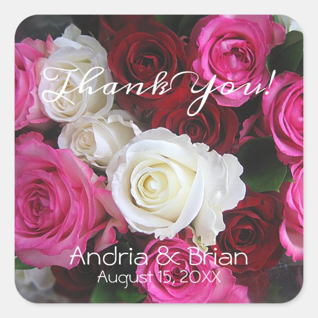 Pink White Rote Rosen Bouquet, personalize - Quadratischer Aufkleber (Vorderseite)
