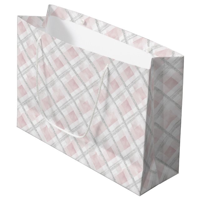 Pink White Silver Glitzer Squares Wedding Große Geschenktüte (Vorderseite Schrägansicht)
