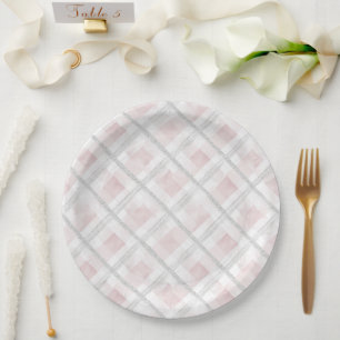 Pink White Silver Glitzer Squares Wedding Pappteller