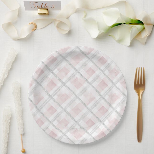 Pink White Silver Glitzer Squares Wedding Pappteller (Hochzeit)