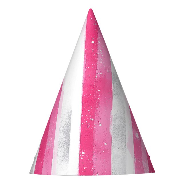 Pink White Silver Streifen Geburtstag Partyhütchen (Vorderseite)
