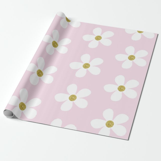 Pink White Simple Daisy Gold Geschenkpapier (Ungerollt)