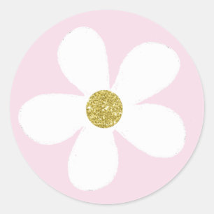 Pink White Simple Daisy Gold Runder Aufkleber
