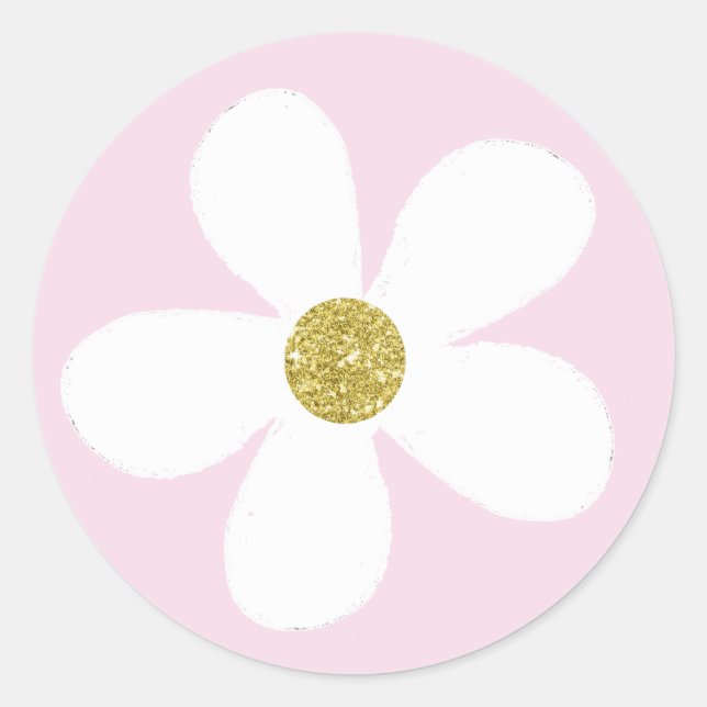 Pink White Simple Daisy Gold Runder Aufkleber (Vorderseite)