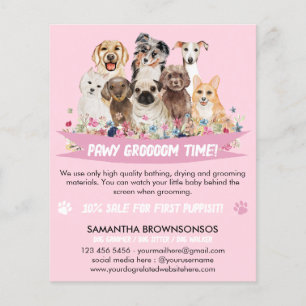 Pink White Simple Floral Illustriert Dog Groomer Flyer