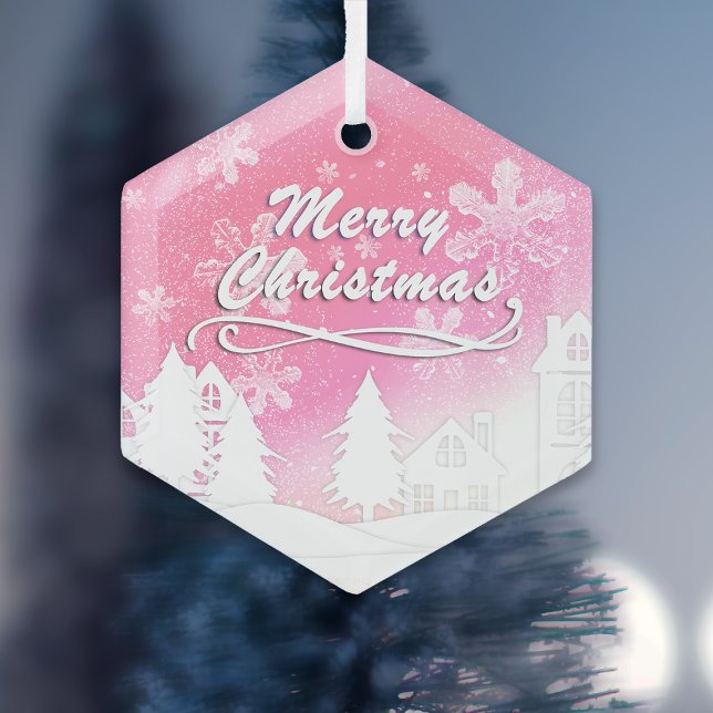 Pink White Snow House Frohe Weihnachten Ornament Aus Glas (Von Creator hochgeladen)