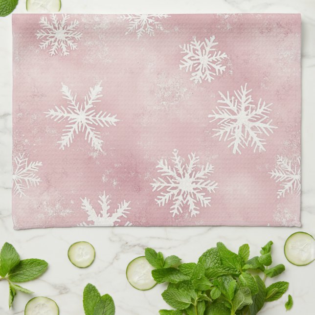 Pink White Snowflakes Christmas Geschirrtuch (Gefaltet)