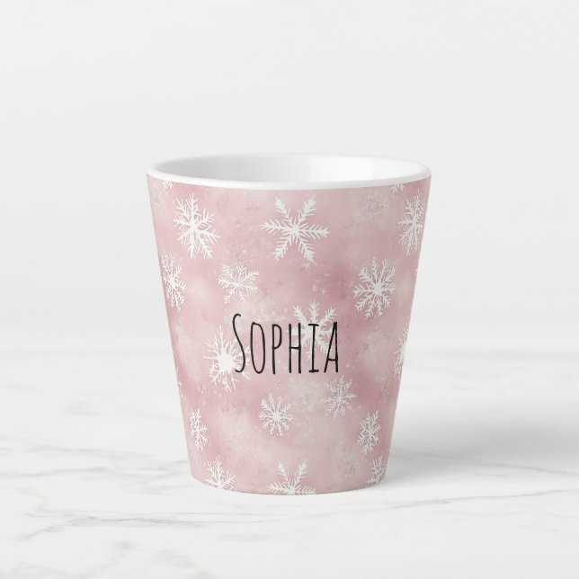 Pink White Snowflakes Christmas Milchtasse (Vorderseite)
