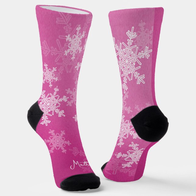 Pink White Snowflakes Minimalistischer Weihnachtsn Socken (Gewinkelt)