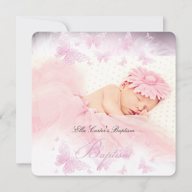 Pink White Sparkle Butterfly Taufe Christening Einladung (Vorderseite)