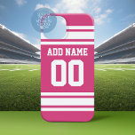 Pink White Sports Jersey mit Name und Nummer iPhone 16 Hülle<br><div class="desc">Dieses sportliche Design ist perfekt für jede weibliche Sportlerin,  die Lacrosse,  Fußball oder Softball spielt. Sie ändern die Zahlen in Ihre Glückszahl oder sogar ein spezielles Alter für eine Geburtstagsfeier.</div>