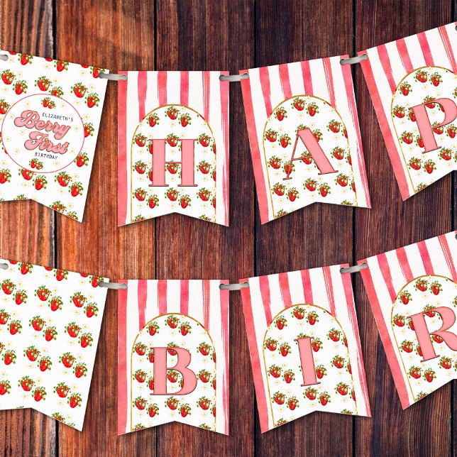 Pink White Strawberry Berry Erster Glückwunsch zum Wimpelkette (Von Creator hochgeladen)