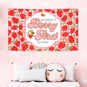 Pink White Strawberry Pattern Berry Erster Geburts Banner