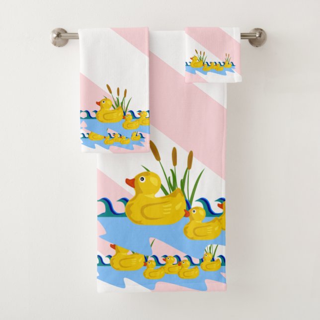 Pink & White Stripe Bathroom Towel Sets Ducks (Insitu)