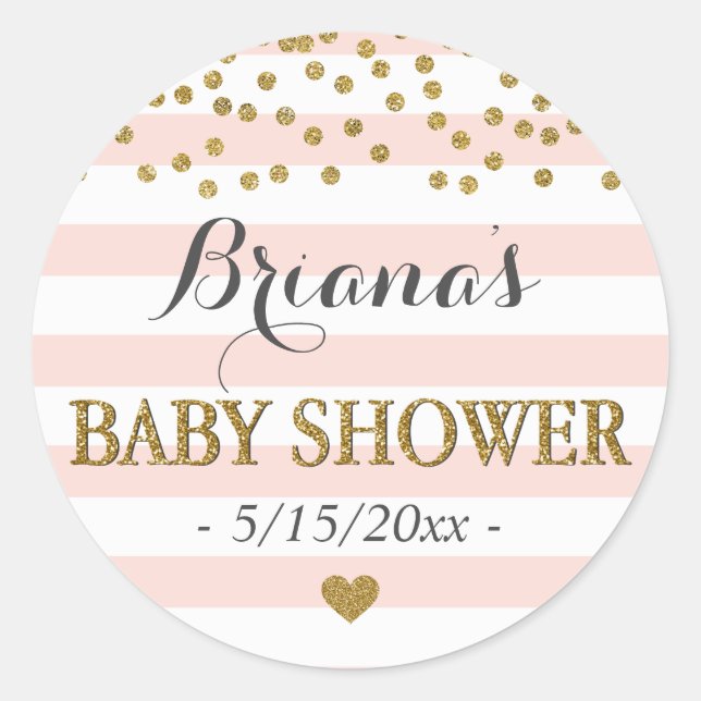 Pink White Stripe Confetti Baby Girl Dusche Runder Aufkleber (Vorderseite)