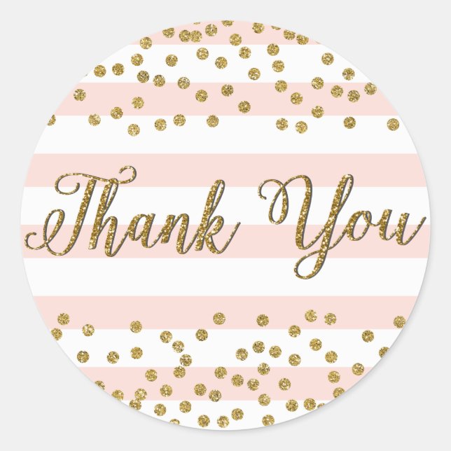 Pink White Stripe Gold Confetti Party Vielen Dank Runder Aufkleber (Vorderseite)