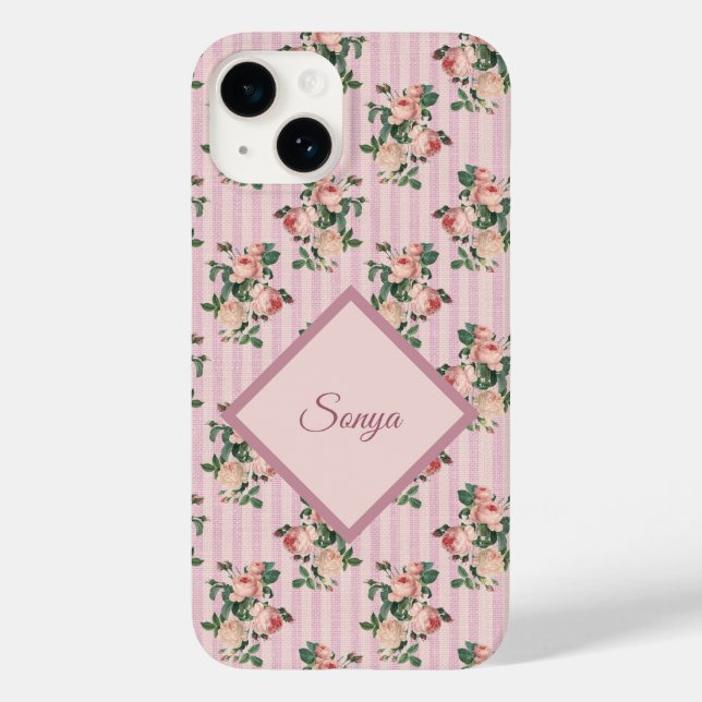 Pink White Stripes and Trailing Roses Monogrammed Case-Mate iPhone 14 Hülle (Rückseite)