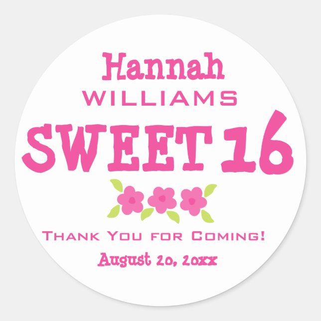 Pink & White Sweet 16 Danke Personalisiert Runder Aufkleber (Vorderseite)