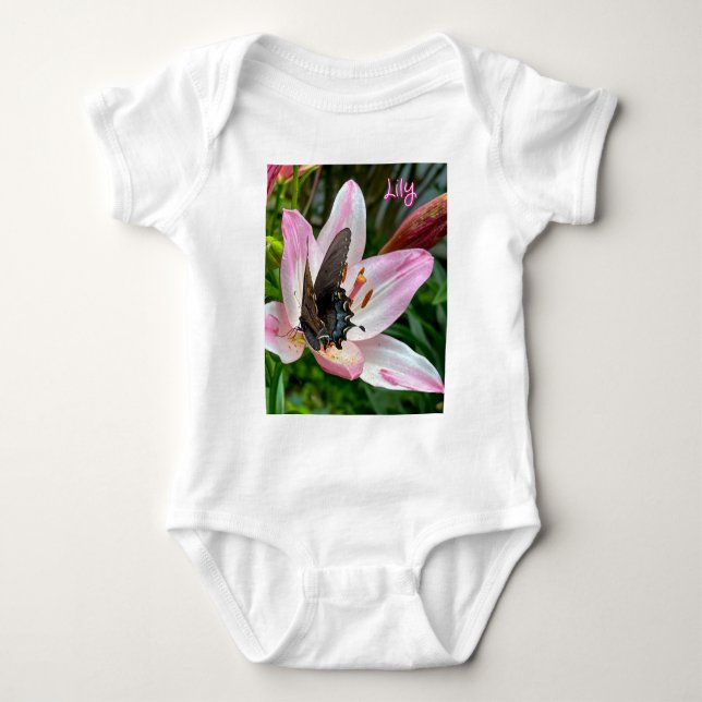 Pink White Tiger Lililly Blume Blue Butterfly Name Baby Strampler (Vorderseite)