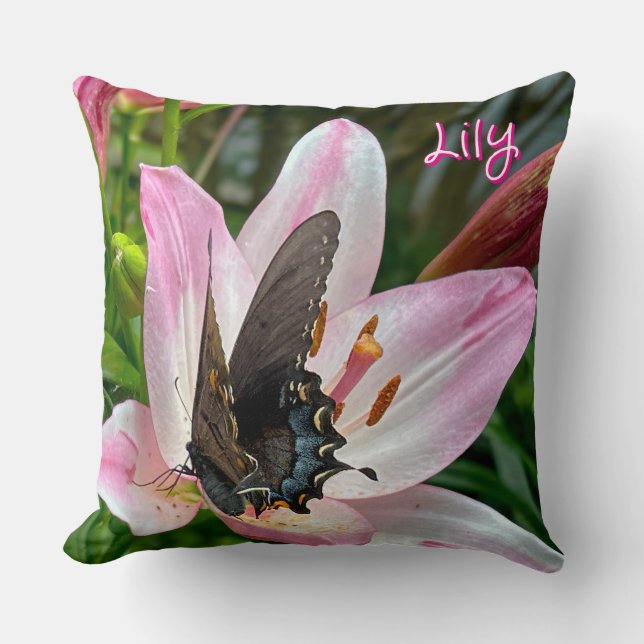 Pink White Tiger Lililly Blume Blue Butterfly Name Kissen (Vorderseite)
