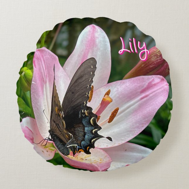 Pink White Tiger Lililly Blume Blue Butterfly Name Rundes Kissen (Vorderseite)