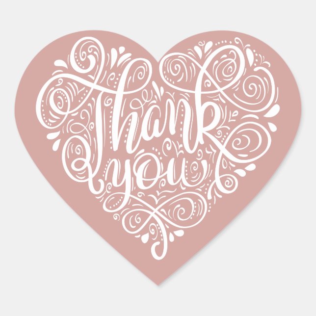 Pink white verziert script kalligrafie art danke Herz-Aufkleber (Vorderseite)
