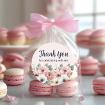 Pink White Watercolor Floral Thank You Runder Aufkleber<br><div class="desc">This elegant round favor bag sticker features soft watercolor florals in blush pink, ivory, and sage green, beautifully arranged along the bottom edge. The text “Thank You for celebrating with me” appears in a graceful navy script and modern font combination on a light blush background, creating a timeless and heartfelt...</div>