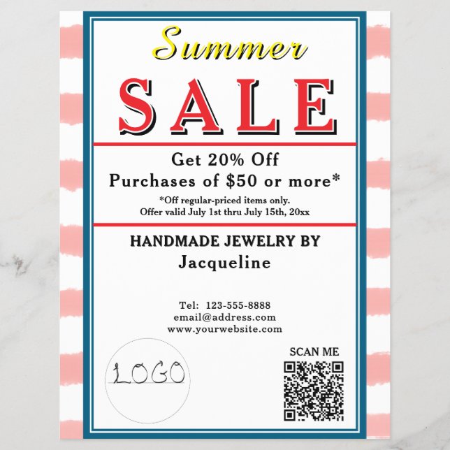 Pink White Watercolor Stripes Summer Sale Flyer (Vorne)