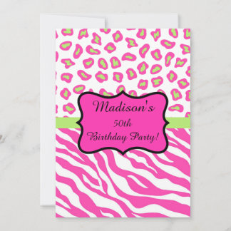 Pink White Zebra Leopard 50. Geburtstagsparty Einladung