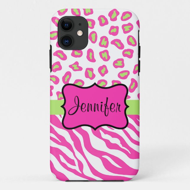 Pink White Zebra Leopard Hautname Personalisiert Case-Mate iPhone Hülle (Rückseite)